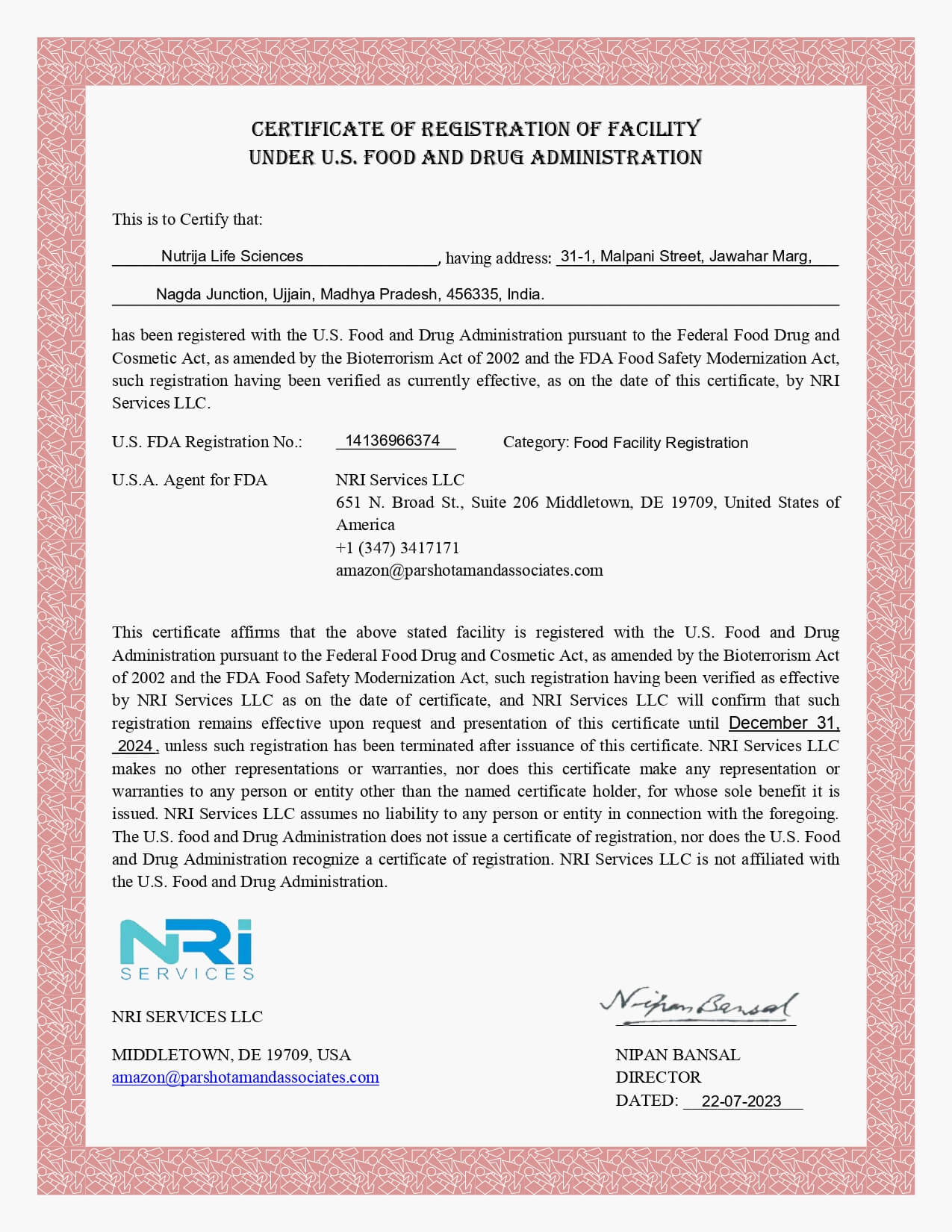 NUTRIJA US FDA CERTIFICATE