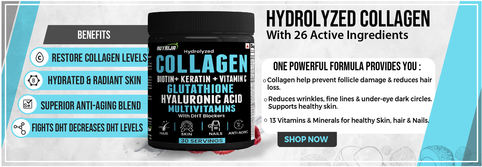 Nutrija Marine Collagen with Glutathione, Hyaluronic Acid, biotin DHT blocker