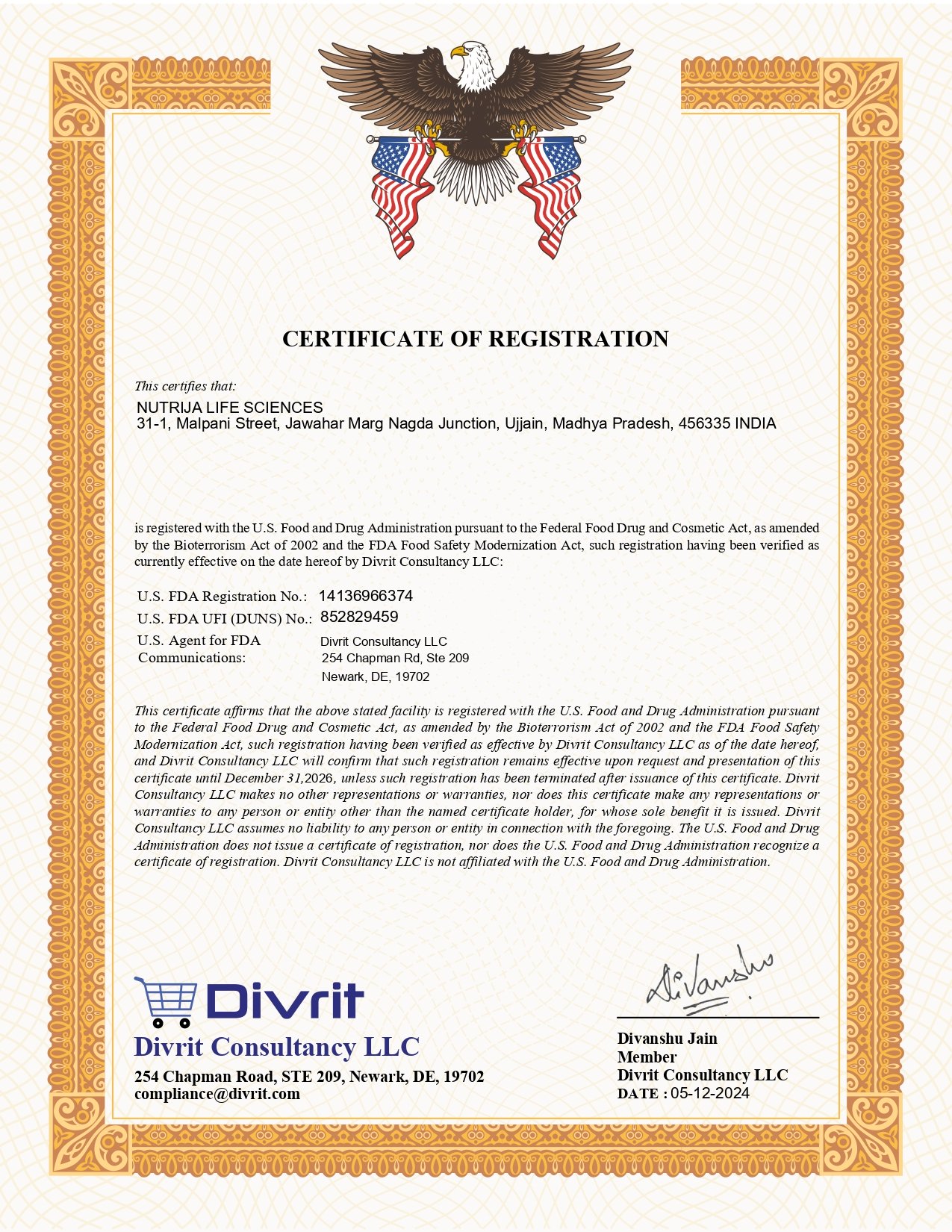 NUTRIJA US FDA CERTIFICATE