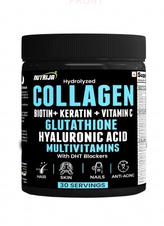 Buy Hydrolyzed Marine Collagen with Biotin, Vitamin C, Zinc, Keratin, Glutathione, Hyaluronic Acid, DHT Blocker & Multivitamins Supplement in India