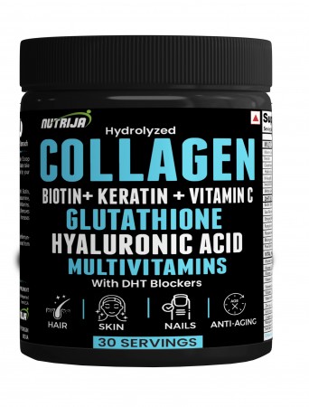 Buy Hydrolyzed Marine Collagen with Biotin, Vitamin C, Zinc, Keratin, Glutathione, Hyaluronic Acid, DHT Blocker & Multivitamins Supplement in India
