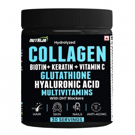 Hydrolyzed Marine Collagen with Biotin, Vitamin C, Zinc, Keratin, Glutathione, Hyaluronic Acid, DHT Blocker & Multivitamins